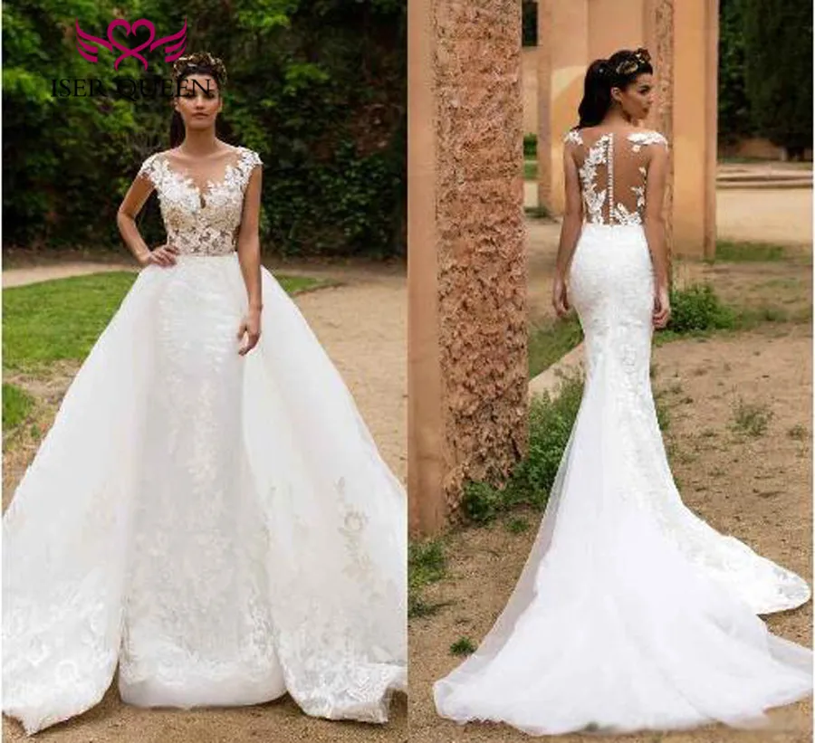 

Detachable Train 2 in 1 New Design Illusion Back Sheer Neck Israel Mermaid Wedding Dress Bride Dress 2019 Wedding Gowns W0326