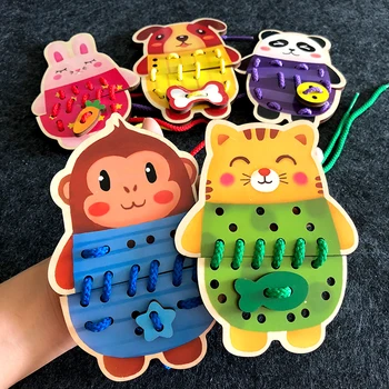 

Candice guo Montessori wooden toy wood puzzle rope game cartoon animal monkey cat panda dog rabbit baby birthday gift 5pcs/set