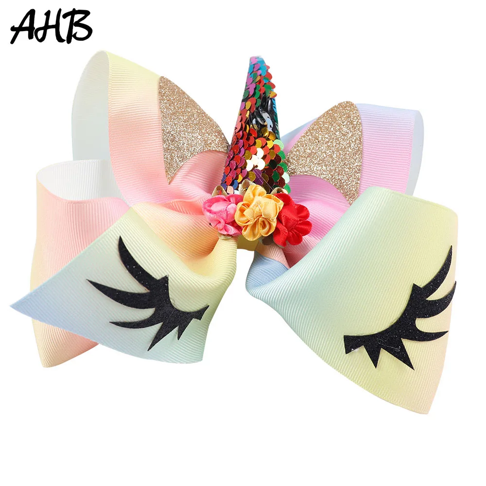 

7" Cartoon Sequin Hair Bows For Girls Glitter Eyebrow Printed Hairbows Grosgrain Ribbon Hair Accessories for Kids Party Headwear