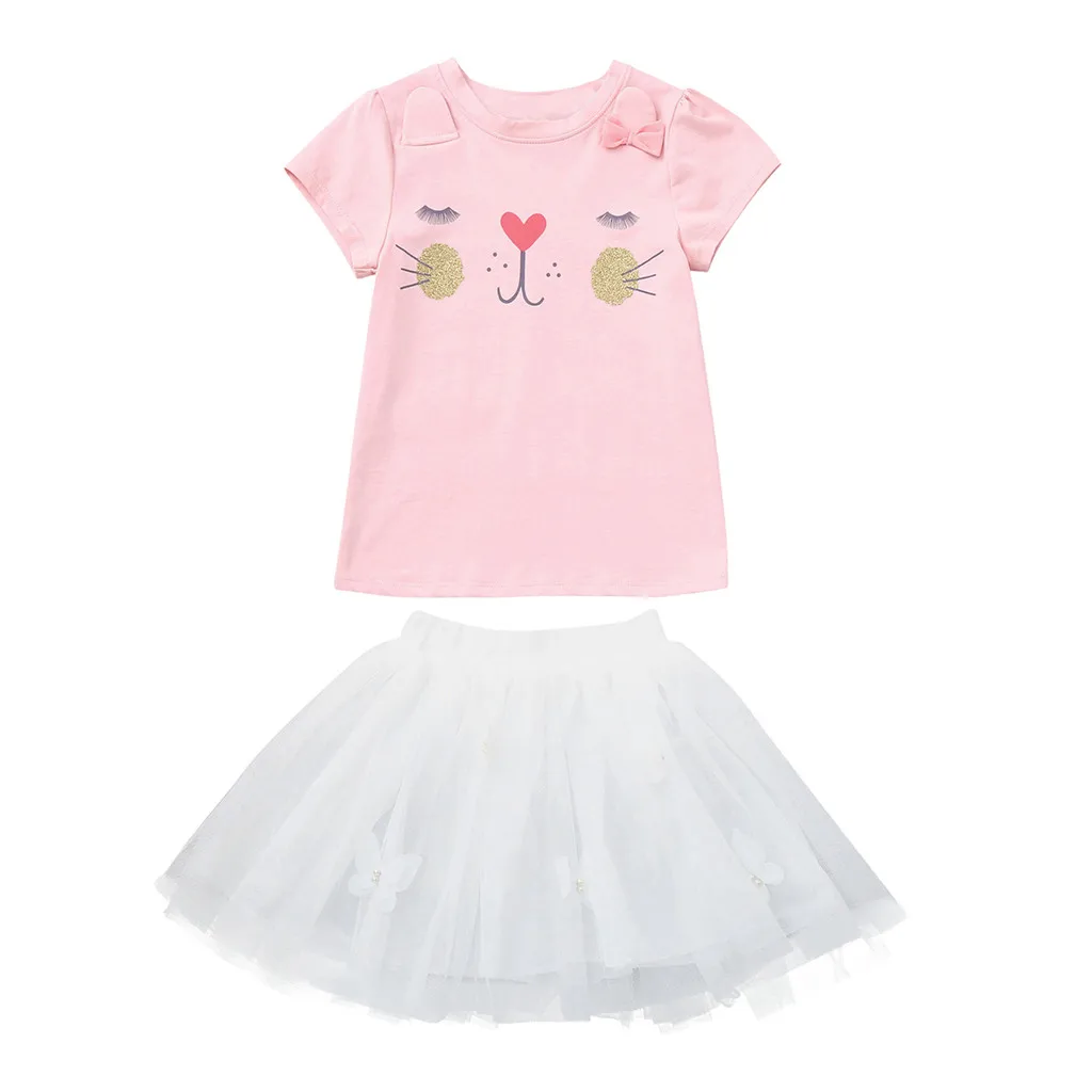 Хлопковые летние модные детские комплекты для девочек, с круглым вырезом, с коротким рукавом, с милым рисунком кота, рубашки+ юбка, детская одежда для девочек