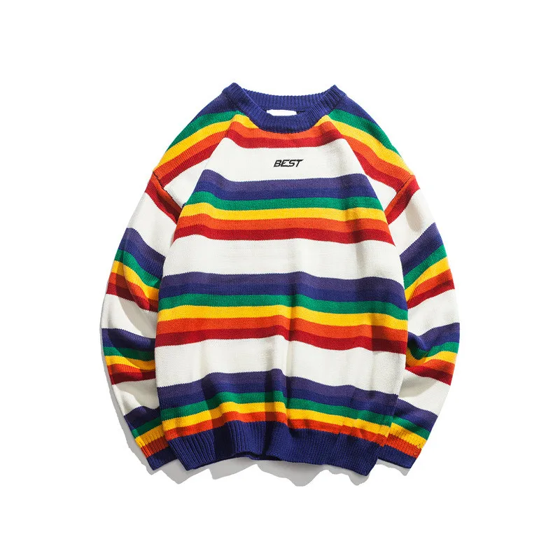 Fashion Knitted Embroidery Rainbow Sweater for Men Cool Boys Knit