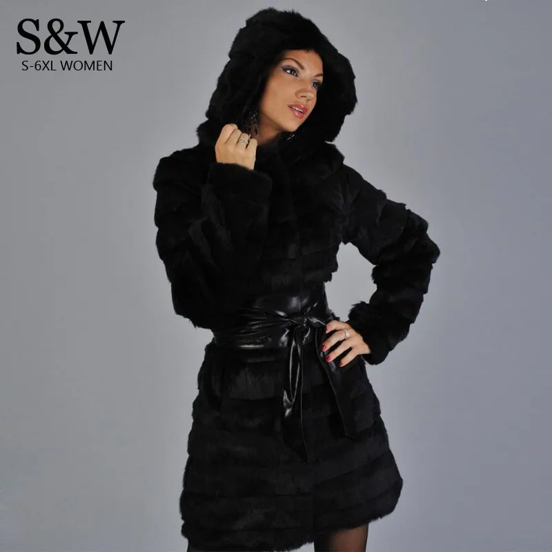 

Black/White XXXL 4XL 5XL Plus Size Women Faux Fur Coat Hood Stripe Section Long Winter Rabbit Fur Coats Mink Fur Overcoat Belt!