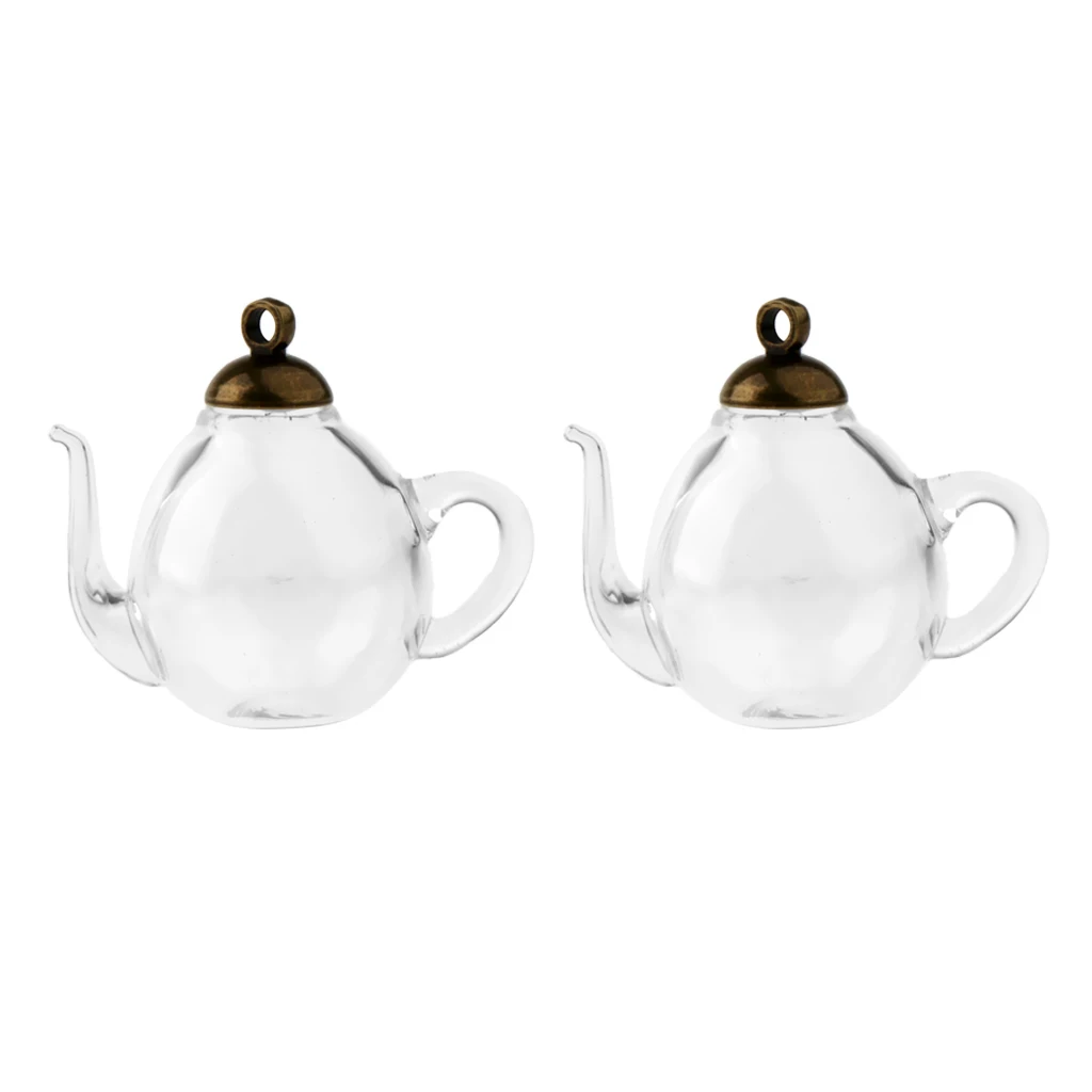 2Pcs Mini Teapot Empty Glass Wishing Cap Bottles Vial Pendant Charms Craft DIY