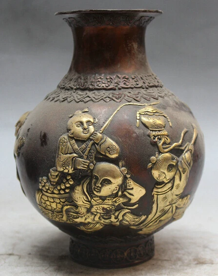 

324@g++7" Chinese Folk Bronze Gilt Wealth Bat Lotus TongZi Statue Pot jar Tanks Crock