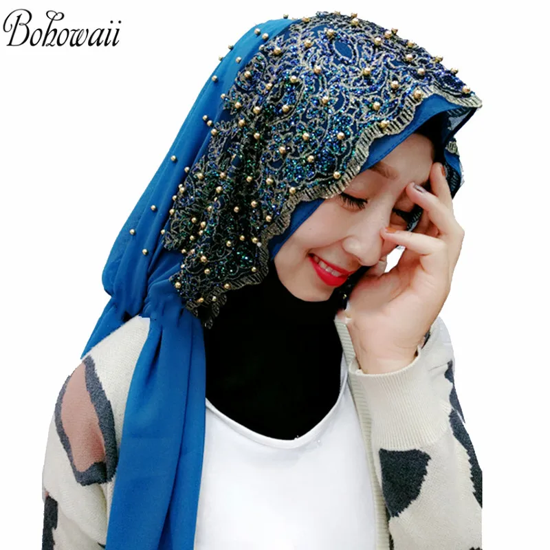 

Muslim Hijab Scarfs for Women Long Chiffon Headscarf with Bead Hoofddoek Moslima Islamic Prayer Turbante Mujer