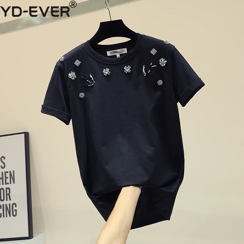 

Black Tshirt Women Short Sleeve T-shirt 2019 Spring New Loose Cotton Shirt Girl Ladies Rhinestone Bead Casual Tees Basic Tops