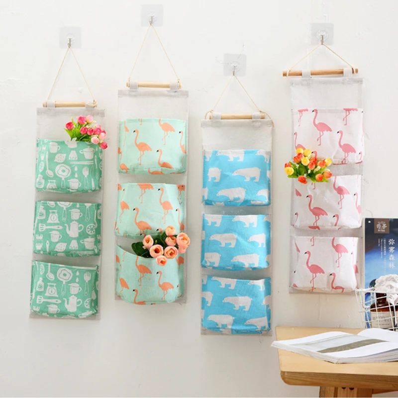  3 Pockets Wall Mounted Wardrobe Hang Bag Flamingo Pattern Cotton Linen Hanging Storage Bag Wall Pou