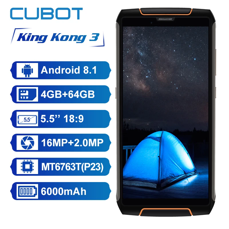 Cubot King Kong 3 IP68 водонепроницаемый прочный телефон NFC 6000 мАч большая батарея Android 8,1 4 Гб+ 64 Гб type-C Быстрая зарядка MT6763T Восьмиядерный
