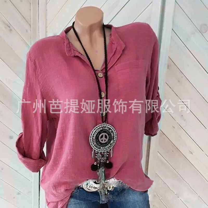 Blusas mujer de moda 2019 летние camisa V образным вырезом элегантные свободные льняные рубашки