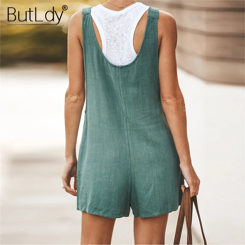 الأشرطة خزان Playsuit النساء زر جيب قصيرة بذلة الصيف رومبير 2019 عارية الذراعين عارضة فضفاض ارتداءها القطن الكتان وزرة