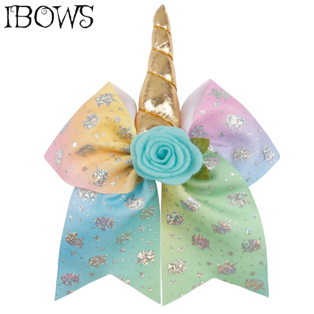 7 بوصة يونيكورن إكسسوارات الشعر الليزر طباعة فيونكات شعر زهرة الشعر مقاطع للفتيات فيونكة للزينة بوتيك التشجيع أغطية الرأس