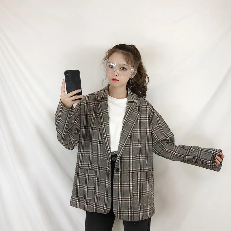 

2019 Fall Women Long Sleeve Single Breasted Plaid Casual Blazers Harajuku Loose Notched Collar Pockets Blazers