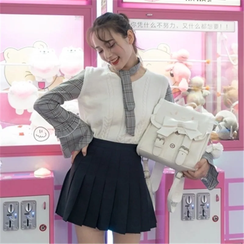 

Milk bear cute cat bow backpack school japanese wemen lovely embroidered cat backpack for teenage girls funny cats shouder bag