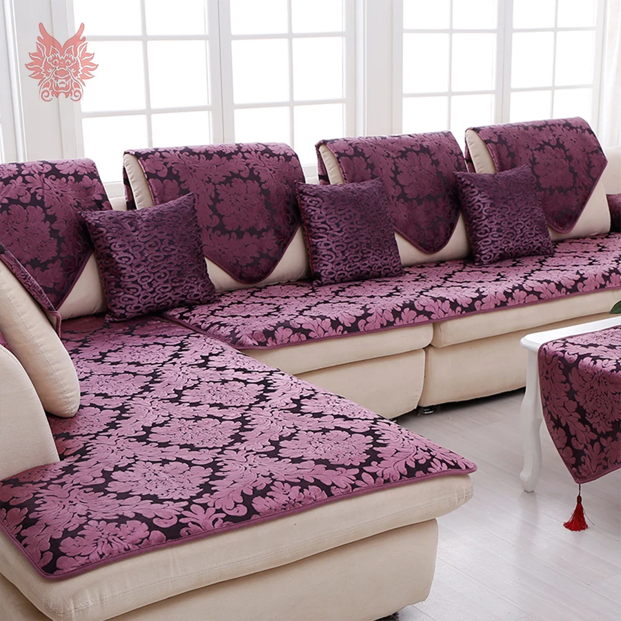 

American style purple floral jacquard terry cloth sofa cover plush slipcovers winter canape fundas de sofa SP3641 FREE SHIPPING