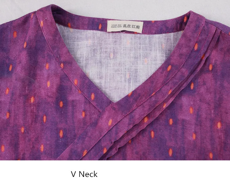 LZJN V-Neck Short Sleeve Dresses New Women High Waist Vintage Purple Color 2019 Summer Cotton Linen Maxi Pockets Dresses (18)