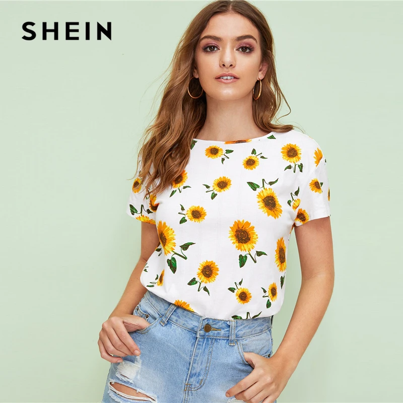 SHEIN топ с принтом подсолнуха женская одежда Повседневная Белая Летняя футболка с коротким рукавом и круглым вырезом Корейская одежда топы