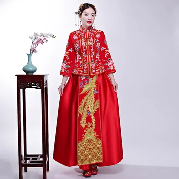 

Classic Oriental Women Embroidery Qipao Chinese Style Wedding Bride Dress Marriage Suit Phoenix&Floral Sheath Long Cheongsam