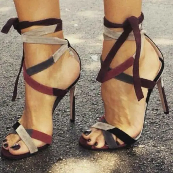 

Abesire 2019 Woman Fashion Mixed Color Flock Gladiator Sandals Female Peep Toe Lace-up Ankle Strap Dress Shoes Lady High Heels