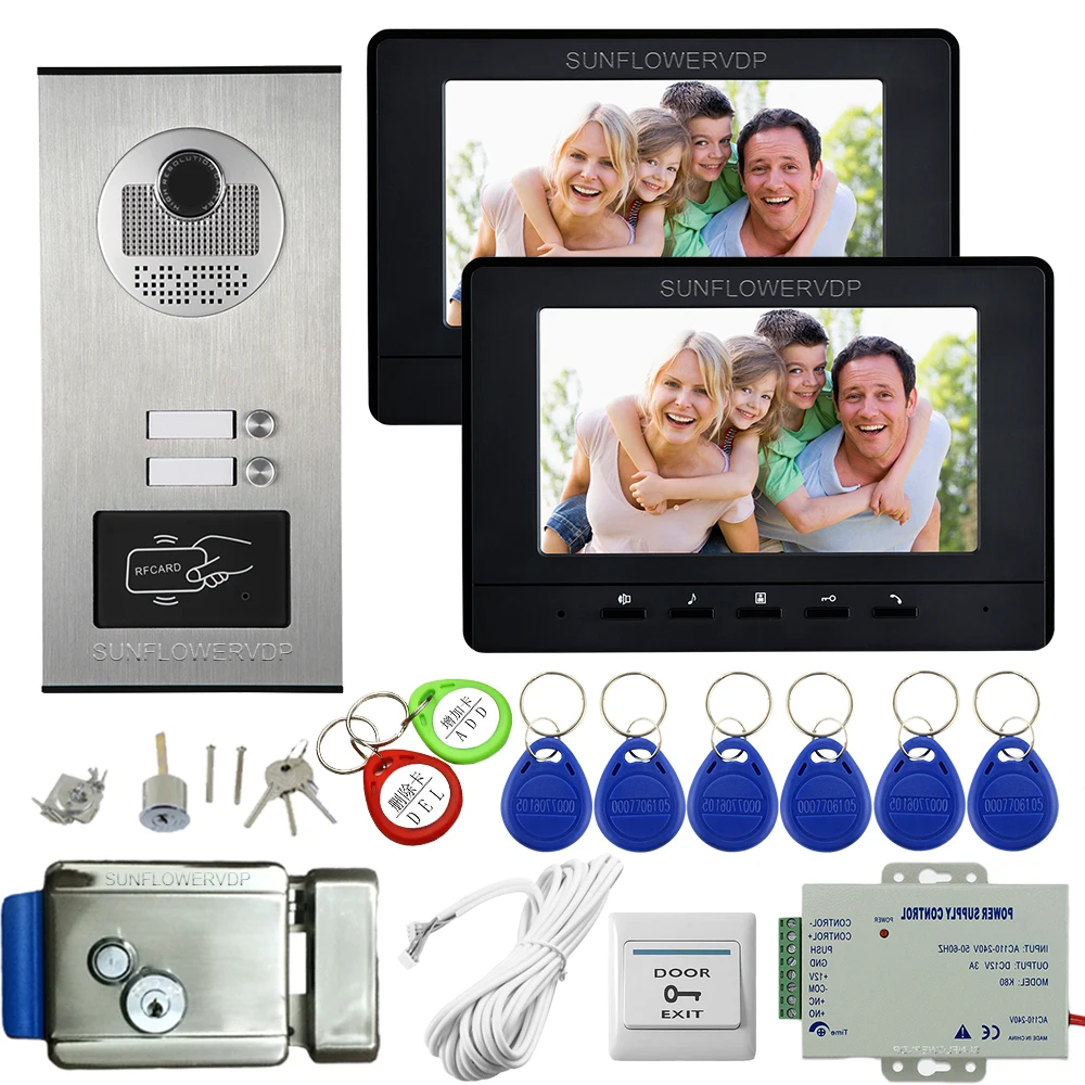 7Inch Color Monitor Black/White Video Intercom System Rfid Video Doorbell For 2 Apartments Video Intercom +Electronic Door Lock