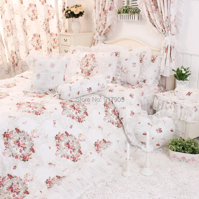 Chinese Peony Printing Ruffled Bedding Sets Romantic Lace Duvet Cover Set Rustic Vintage Chinese Peony Printing Ruffled Bedding Sets Romantic Lace Duvet Cover Set Rustic Vintage