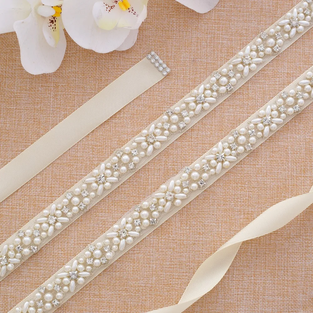 SESTHFAR Pearls Wedding Belt Handmade Crystal Bridal Sash Simple Silver Rhinestones Bridal Belt Sash For Wedding Dresses