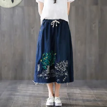 #1764Spring Summer 2019 Denim Skirts Women Embroidered Floral Tassel Hole High Waist Elastic Chinese Style Jeans Skirt Plus Size plus size floral embroidered mesh skirt