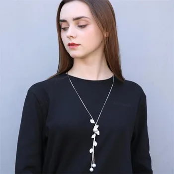 

12 Pcs/Lot Leaf Jewelry New Design Silver Color Pearl Long Chain Necklace For Women Accessories Jewellery Bulk Wholesale