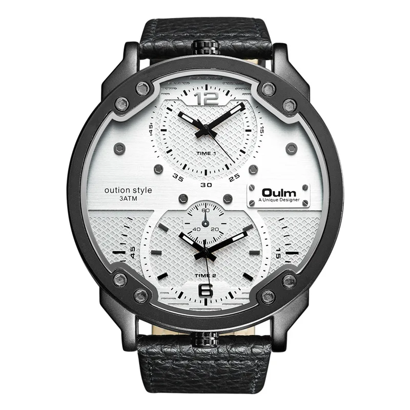 Новые дизайнерские большие часы мужские роскошные брендовые Oulm Two Time Zone кварцевые часы мужские повседневные кожаные уникальные деловые большие наручные часы