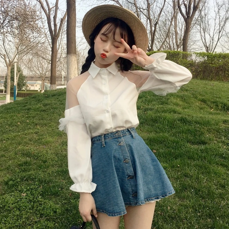  Korean Sweet Mesh Women Shirts Vintage Collar White Lace Stitching Chiffon Tops Off Shoulder Clothe