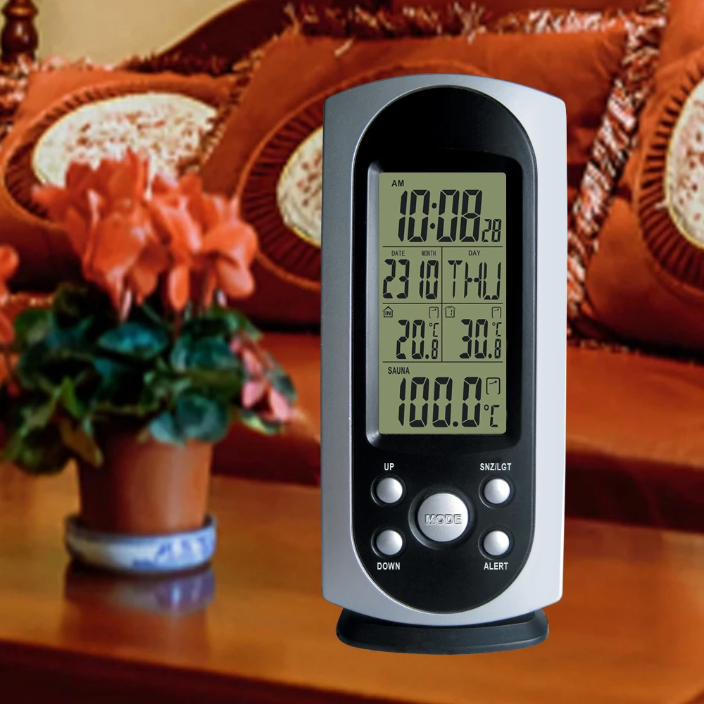 DYKIE Беспроводная метеостанция, цифровой ЖК-будильник, часы для помещений и улицы, оповещение о температуре, подсветка, термометры для сауны
