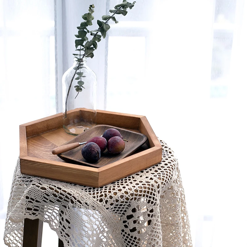 

SWEETGO Hexagon wood tray handmade 20cm/30cm/40cm burly-wood coffee plate table decoration dessert makeup jewelry holder