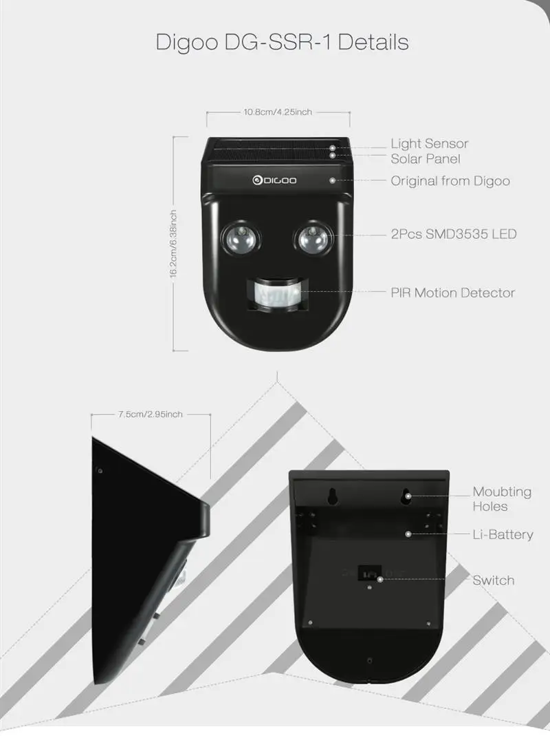 DIGOO DG-SSR-1 SSR1 Садовый Солнечный беспроводной PIR датчик на большие расстояния водонепроницаемый наружный настенный светильник для безопасности дома