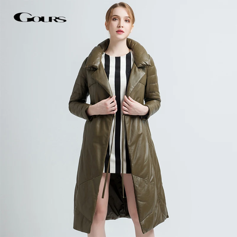 

Gours Genuine Leather Duck Down Coats for Women Black Sheepskin Jackets Overcoats Warm In Winter Long Parka New Arrival 1782