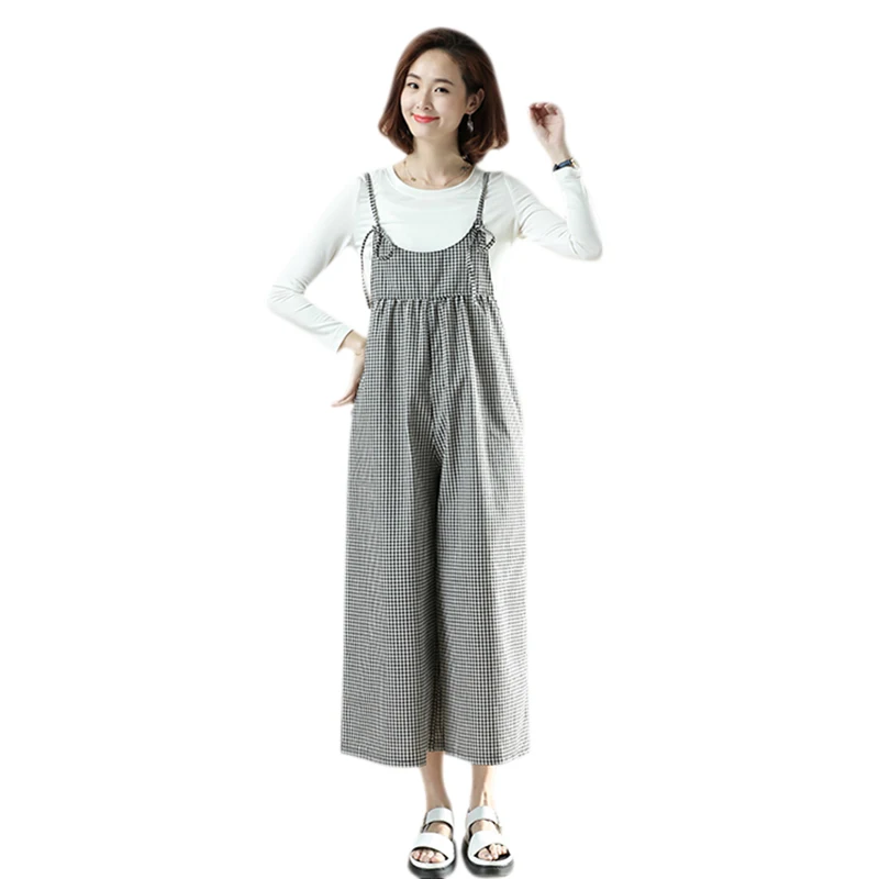 

Women Vintage Plaid Jumpsuits Cotton Linen Rompers Female Casual Chic Streetwear Overalls Suspender Strappy Trousers Plus Size