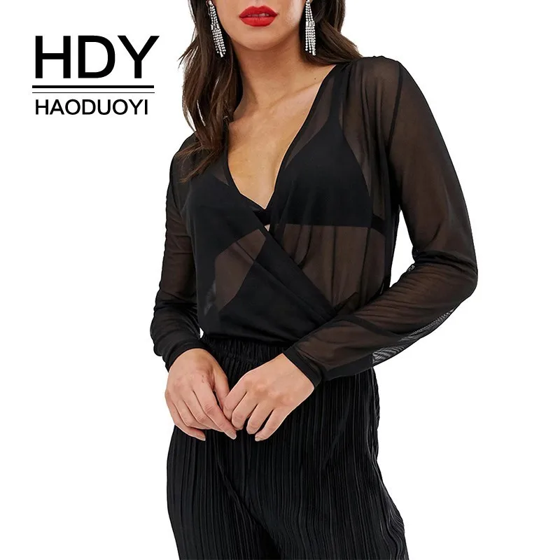HDY Haoduoyi Высокая облегающая сетчатая блуза с глубоким v образным вырезом и
