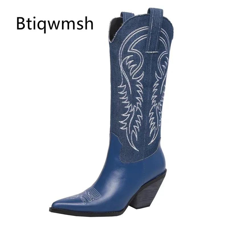 

2019 Western Cowboy Boots Women Pointed Toe Embroider Denim Leather Patchwork High Heel Boots Kardashian Knee High Boots