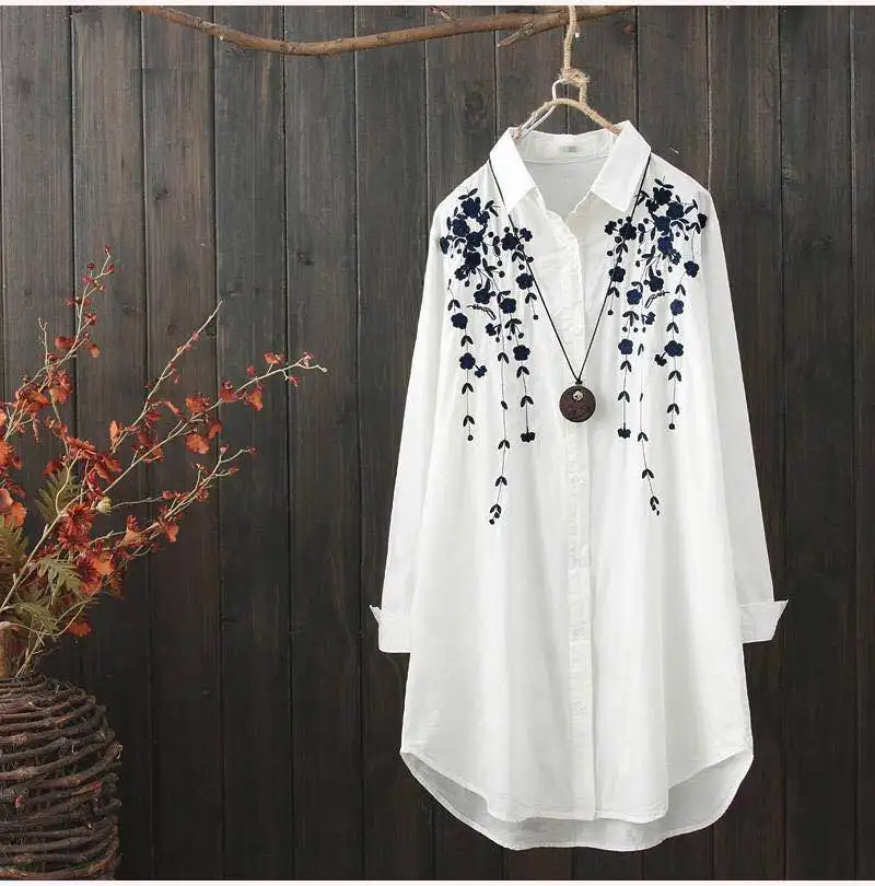  Plus Size Cotton Embroidery Women Loose Long White Shirts 2020 Spring Autumn  Casual Ladies Blouse 