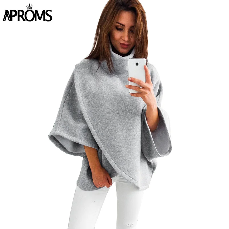 

Aproms Elegant Gray TurtLeneck Irregular Blouse Womens 3/4 Sleeve Casual 90s Loose Top Street Fashion Wide Cuffs Shirt Blusas