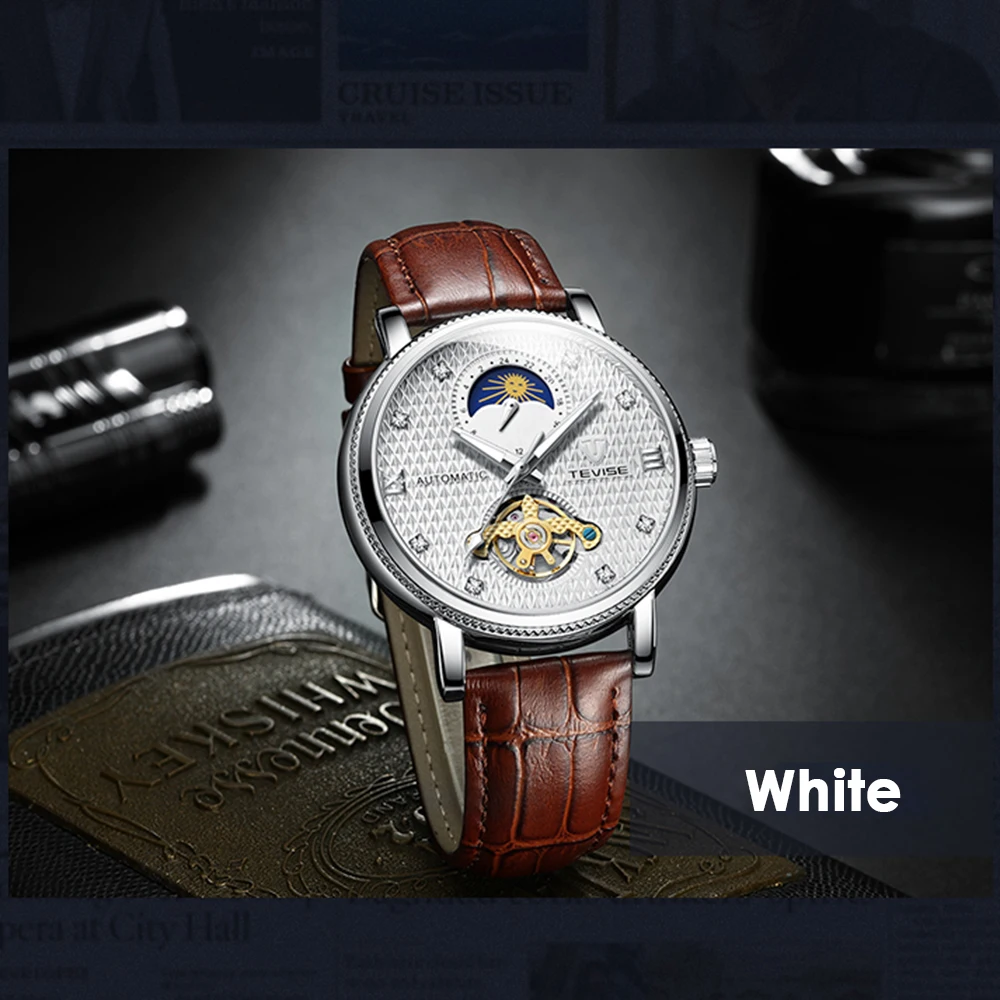 Топ бренд TEVISE мужские часы Moon phase Tourbillon часы спортивный кожаный ремешок наручные часы Мужские часы Relogio Masculino