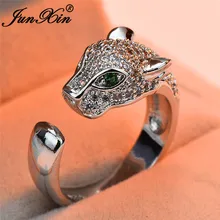 JUNXIN женские и мужские кольца с леопардовой головой для пары, 925 серебро, розовое золото, заполненное белым кристаллом, кольцо с зеленым камнем для мужчин и женщин