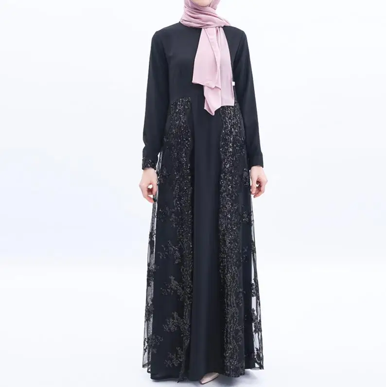 Sequin abaya Кафтан Дубай Арабский мусульманский хиджаб платье для женщин Кафтан халат Femme Musulmane Longue Vestidos Eid турецкие платья Elbise - Цвет: Black dress