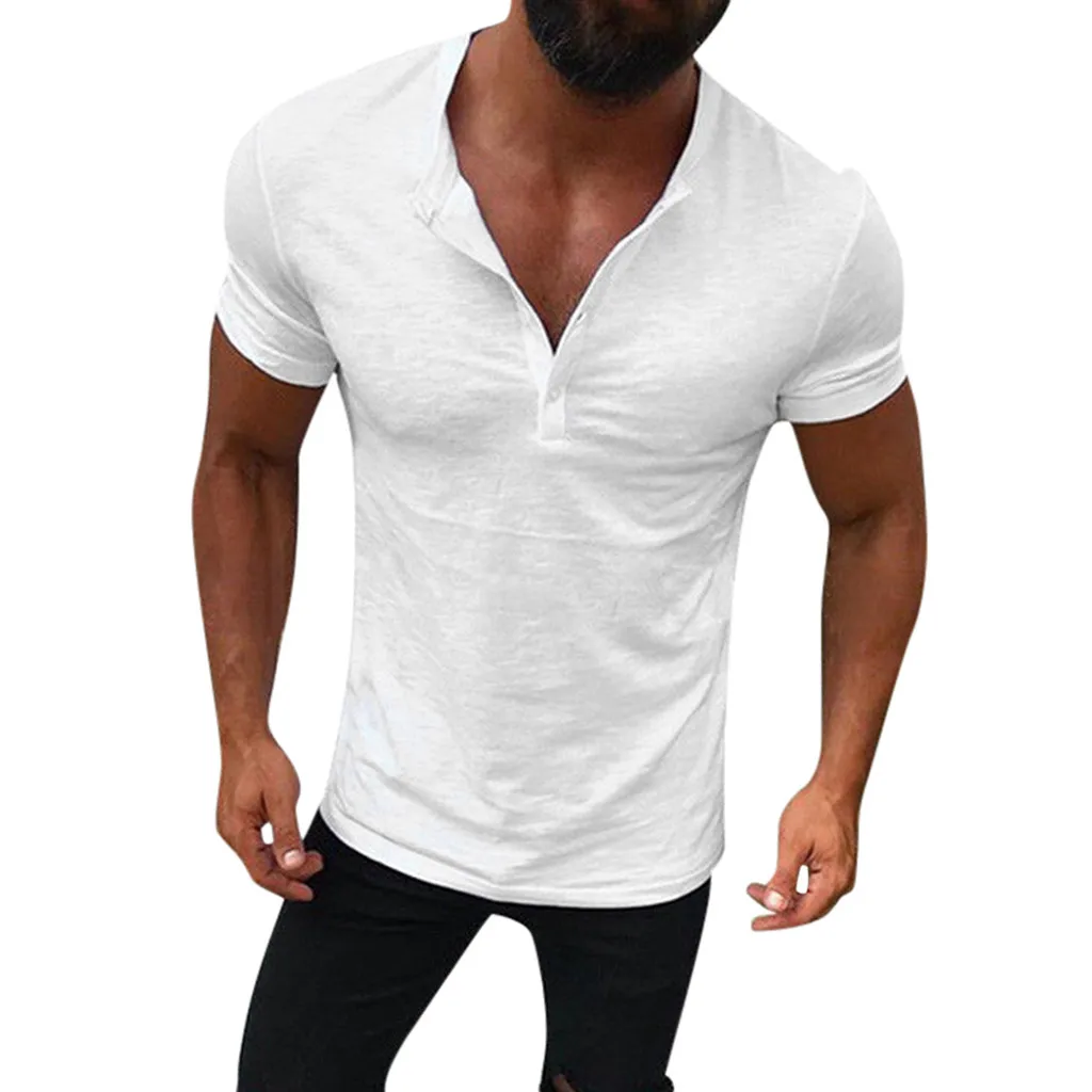 

Casual Summer T-shirt Mens Solid Short-sleeved Button Shirt Tops White Tee Shirt Homme Playeras De Hombre Camiseta Masculina 5