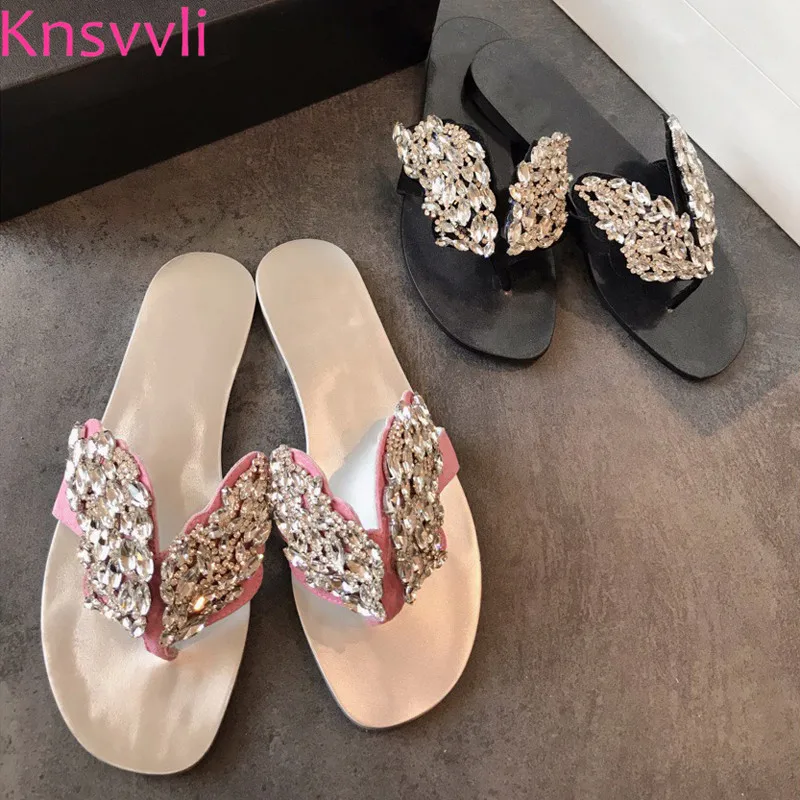 

New Fashion silver rhinestone leaf wings flat heel slippers women genuine leather crystal flip flops summer beach shoes women