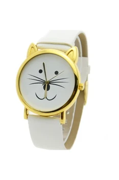 

YCYS!Lovely Cat Face Shape Dial Alloy Faux Leather Watch White Gold