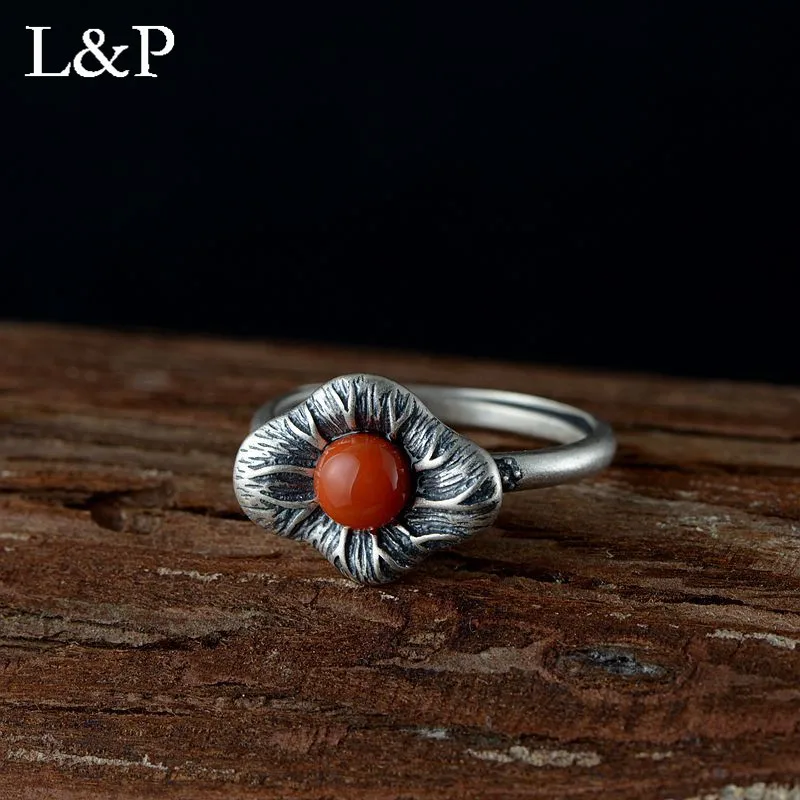 Vintage Jewelry Gemstone 925 Sterling Silver Ring Rainbow Nature Lotus Jasper Women Wedding Anel Aneis Gemstone Ring