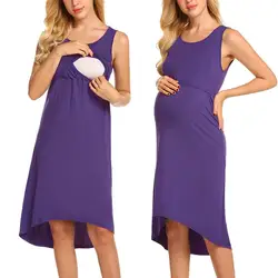 Летние Для женщин для беременных Круглый воротник без рукавов сплошной цвет слоистых удобные уход ночной рубашке халат для кормящих