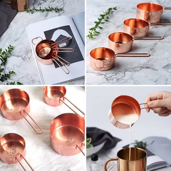

Rose gold Stainless Steel Measuring Cups and Spoons set of 8 Engraved Measurements,Pouring Spouts & Mirror Polished for Baking
