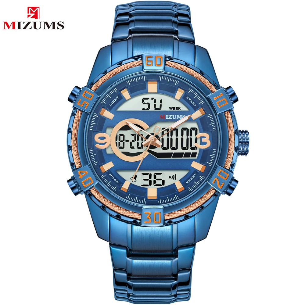

Men's MIZUMS Luxury Brand Sport Watches Men Dual Display LED Digital Waterproof Full Steel Quartz Watch Man Clock+origin box