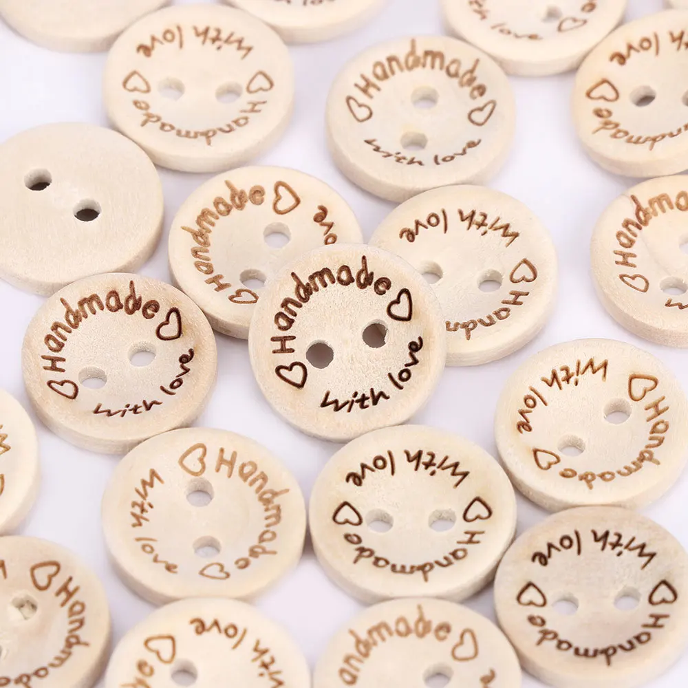 

100PCS/Pack High Quality Hand Made with Love Sewing Wood Button 15mm Round Decorative Craft Buttons Clothing Sewing Supplies