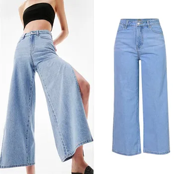

Fashion Sexy Solid Side Split Wide Leg Jeans Women Casual High Waist Pockets Denim Pants Ladies Loose Jeans